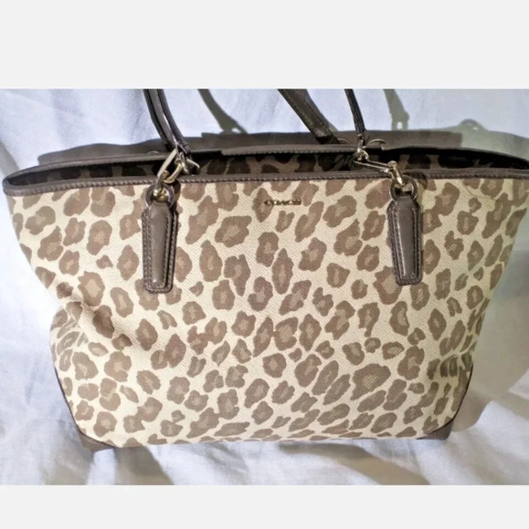 Coach Brown Purse Ocelot Print Jacquard Leather Madison East/West Tote Handbag - Picture 1 of 12